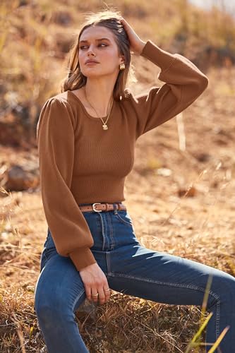 Image of MASCOMODA Womens Puff Long Sleeve Ribbed Sweater Bodysuits | Fall Winter Outfits 2026, Crewneck Knitted Bodysuit Dressy Casual, Cute Slim Fit Pullover Tops, Work, Date, Dress Up & Down