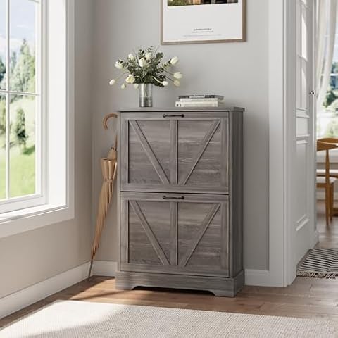 Smart FENDEE Shoe Cabinet, Shoe Storage Cabinet with 2 Flip Drawers, Narrow Shoe Cabinet Storage for Entryway, Farmhouse Shoe Organizer Cabinet with Wooden Feet, Slim Shoe Rack Cabinet, Gery Cover