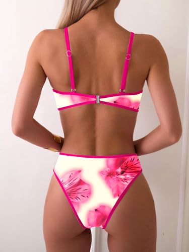 Image of Fanuerg Women's Triangle Bikini Sets O Ring Linked Two Piece Swimsuits Floral Printed Cheeky Bathing Suit