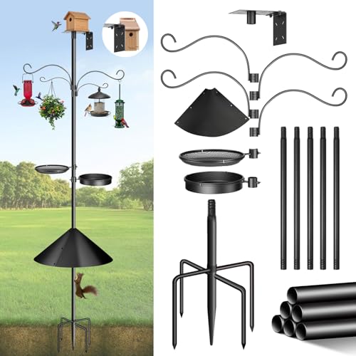 92 Inch Bird Feeder Pole Squirrel Proof, Heavy Duty Bird House Feeder Pole Adjustable Stand with 4 Shepherds Hooks 2 Mental Bird Tray Birdbath