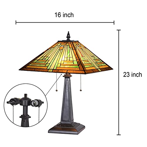 Cotoss Tiffany Table Lamp 16" Wide Handmade Stained Glass Lamp Shade 2 Light Amber Mission Style Vintage Table Lamp For Living Room Bedroom #TOP4