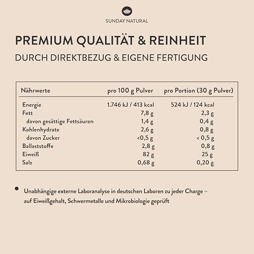 SUNDAY NATURAL® Veganes Proteinpulver – 1 Kg – Super Creamy Vegan Protein Pulver Vanille – 25g Eiweiß pro Portion - 3K Protein-Shake – Gesamtes EAA- & BCAA-Profil – Ohne Zuckerzusatz, Laborgeprüft