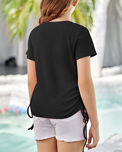 Image of Imily Bela Girls Tees Shirts Cute Crew Neck Short Sleeve Side Drawstring Solid Tops Kids Children Summer Clothes