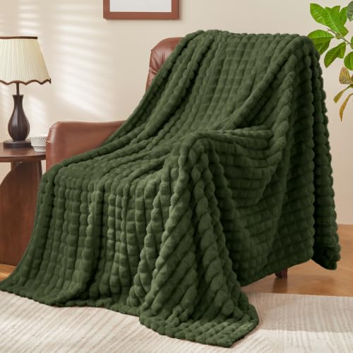 BEDELITE 3D Checked Olive Green Throw Blanket for Couch, 50x60 Inches