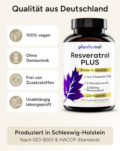 1350mg Resveratrol PLUS - 120 Trans-Resveratrol Kapseln hochdosiert - 100:1 Resveratrol hochdosiert - 2 Monatsvorrat