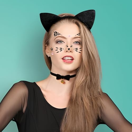 BOFUNX Katzen Kostüm Accessoires, Katzenohren Haarreif + Katzen Gesicht Sticker + Schleife Halsband für Karneval Damen Katzenkostüm