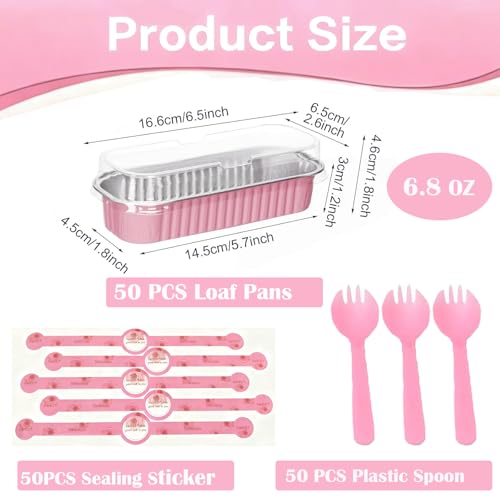 50 Pack Mini Loaf Pans with Lids and Spoons Sealing Sticker, 6.8oz Mini Cake Pans for Baking, Disposable Aluminum Foil Loaf Pans, Loaf Baking Pans, Small Cake Containers with Lids (Pink) by LEFIMOT - Used condition - Image 2