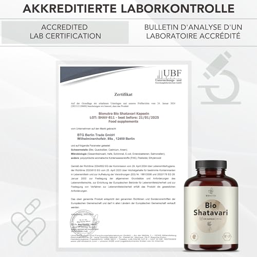 BIONUTRA© Bio Shatavari Kapseln, 270 Stück à 500 mg, hochdosiert, vegan & ohne Zusätze, rückstandskontrolliert, Deutsche Herstellung aus Shatavari Bio Wurzelpulver
