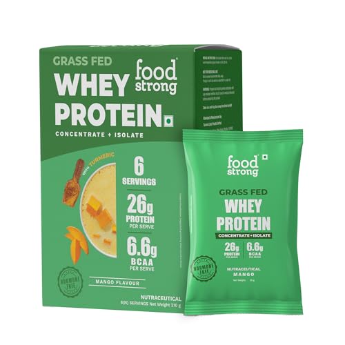 Image of Foodstrong Whey Protein Powder (Concentrate + Isolate), 100% Hormone Free Grass-Fed Whey, 26G Protein & 6.6G BCAA, Mango, With Turmeric & Digestive Enzymes, 6 Sachets, 210G