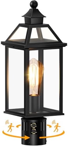 Slypadan 18.5" Motion Sensor Outdoor Post Lights, 360° Detection Lamp Pole Light Fixture 4 Lighting Modes, Large Waterproof Aluminum Outside Exterior Lantern for Garden, Porch, Pathway, (Black)
