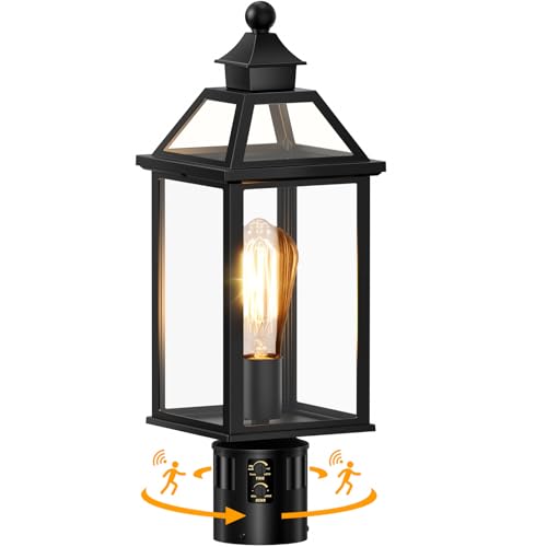 Slypadan 18.5" Motion Sensor Outdoor Post Lights, 360° Detection Lamp Pole Light Fixture 4 Lighting Modes, Large Waterproof Aluminum Outside Exterior Lantern for Garden, Porch, Pathway, (Black)