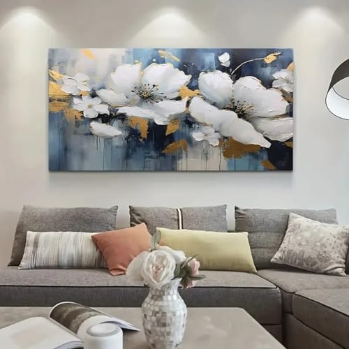 Toile florale blanche et dorée 60x120cm une oeuvre moderne d'exception