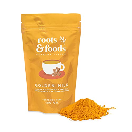 Proteínas, ROOTS & FOODS - Golden Milk 'Leche dorada' en polvo 120 tazas. Deliciosa Bebida Natural y Antioxidante a base de Cúrcuma, Jengibre, Canela, Cardamomo y...