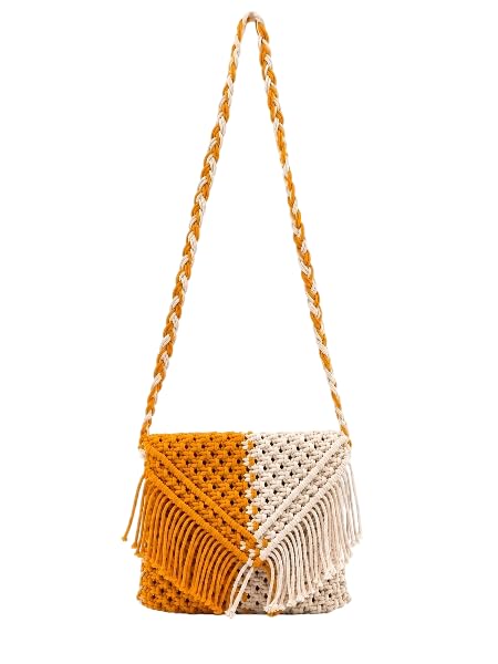 handmade macrame sling bag for women, mustard yellow and off white cotton crossbody shoulder bag with fringe detail, boho handcrafted casual purse for girls