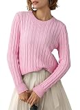 EVALESS Womens Cable Rib Knitted Pullover Sweater Crewneck Pink Summer Fall Long Sleeve Tops Medium
