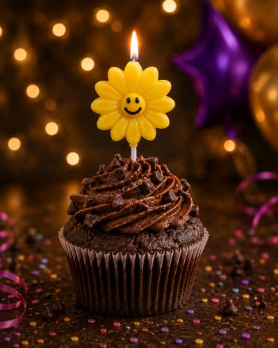 Image of Smiley Flower Birthday Candles for Cake Decoration, Pack of 5, flower Shape Decorative Cake Candles, Natural Wax Party Candles for Birthday, Anniversary, Baby Shower & Celebration (YELLOW)