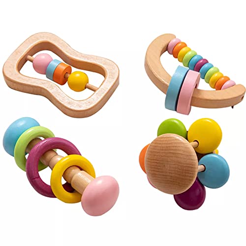 Image of 4pc Organic Colorful Baby Rattle Set Safe Food Grade Wood Rattle Soother Bracelet Teether Set Montessori Toddler Toy multicolored