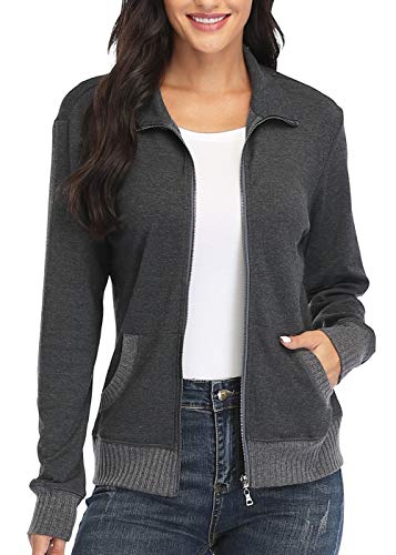 WUDODO Womens Zip up Fall Jackets Shirts Long Sleeves Stand Collar Sweatshirts Running Outfits Tops with Pockets Dark Grey, M