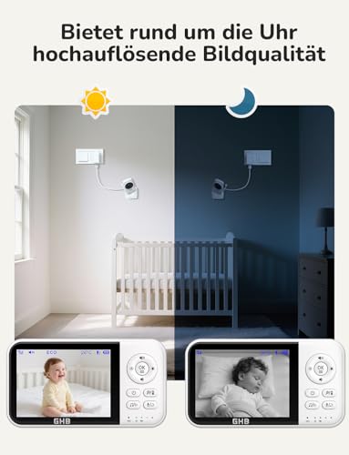 GHB Babyphone mit Kamera Baby Monitor 3,2 Zoll LCD 2100 mAh Akku 2X Zoom Temperatursensor Nachtsicht Gegensprechen Weiß