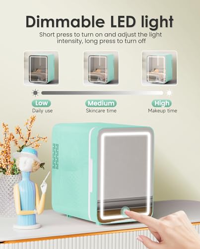 Image of CUTIEWORLD Skincare Fridge with Dimmable LED Light Mirror, 4L Mini Fridge For Desktop, Travel or Cool & Heat, Makeup Fridge for Cosmetics, Skin Care and Food, Green