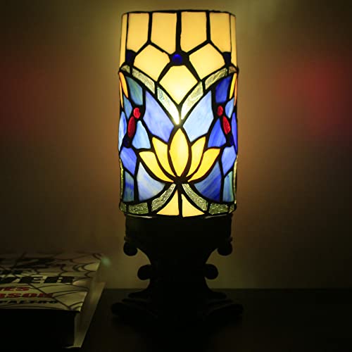 Rhlamps Small Tiffany Lamp Mini Stained Glass Table Lamp Wide 4 Tall 10 Inch Blue Lotus Style Candle Type Desk Lamp Decorate Bedroom #TOP3