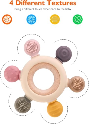 Image of Silicone & Wooden Baby Teether for 0-12 Months | Food Grade Silicone Teething Toy | Soft & Safe Gum Relief | BPA Free Chew Toy for Infants 3-6, 6-12 Months | Teething Toys for Babies (Round Ring)