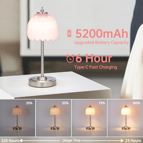 Image of Shenmoyl Rechargeable Table Lamp with 5200mAh Battery & Touch Control - 3 Adjustable Color Temperatures, Cordless Dimmable Table Light for Bedroom, Office Desk, Nightstand (Creamy Pink,Silver Base)
