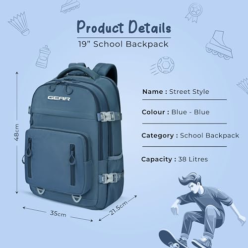 Image of Gear Street Style 19 inch /38L Large Water Resistant School Bag | Casual Backpack | Daypack | Travel Backpack | Kids Bag for Boys /Girls (Blue - Blue)