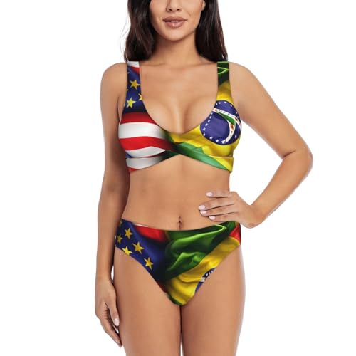 Maillot de bain 2 pièces sculptant imprimé drapeau américain brésilien pour femme