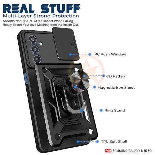 Image of Armor Bumper Back Cover Case for Samsung M35 5G | Rotating Camera Cover, Ring Holder & Kickstand | Heavy Duty & 360 Degree Protection Samsung M35 5G Cover (Black)