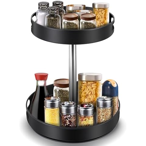 MEKOTRIN Spice Rack Lazy Susan Organizer, 2 Tier Height Adjustable Rotating Lazy Turntable Spice Organization for Cabinet Kitchen Table Pantry Countertop Refrigerator Cupboard Storage(Black, 12 inch) Cover