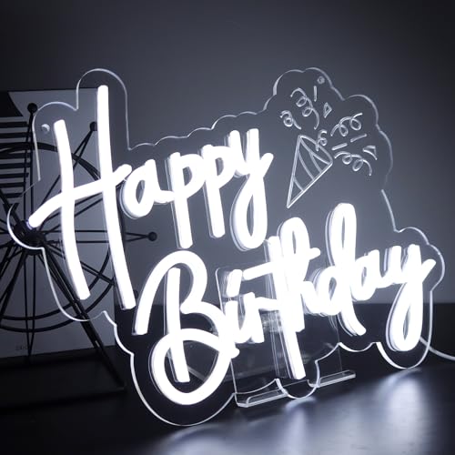 Image of Happy Birthday Neon Sign LED Happy Birthday Light Up Sign Wall Decor for Birthday Party Backdrop Cake Tables Room Gift Art for Boys Girls-14.5 x 12.2 IN-Dimmable USB Powered-Acrylic