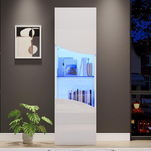 Merax Vitrine LED Blanc Haute Brillante 35x50x165 cm, Meuble Vitrine Design Italien avec Portes en Verre, Armoire de Rangement Moderne avec Éclairage LED