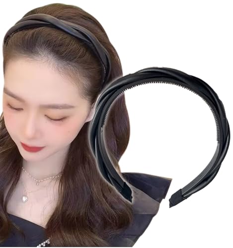 [Herbeluemily] カチューシャ フェイクレザー ヘアバンド クロス ねじり ツイスト 編み込み風 ロープ風 ブラック HM-0069-R02-BKのサムネイル