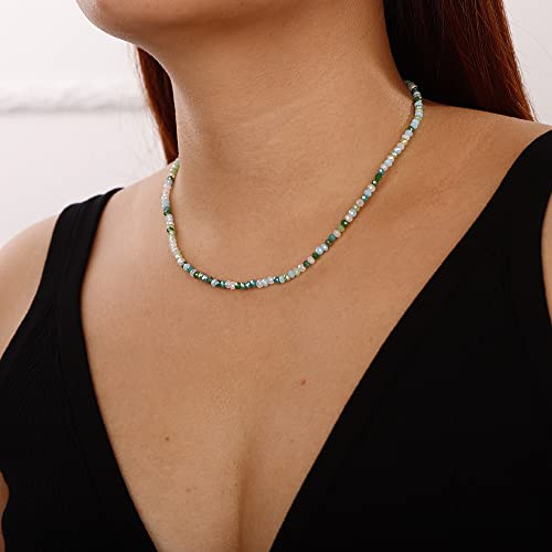 Jumwrit Bohemian Beaded Choker Necklace Colorful Bead Necklace Dainty Tiny Chain Necklace Women Girls Adjustable Cute Necklace（Green） #TOP2