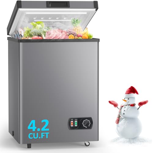 4.2 Cu.Ft Chest Freezer - 7-Temp Adjustable Deep Freezer, Ultra Quiet, Energy Saving, Removable Basket & Wheels, Compact Small Deep Freezer for Apartments/Garage/Office,Gray