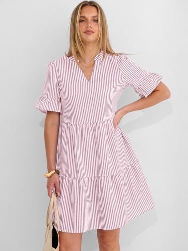 Image of Caracilia Dresses for Women Summer 2026 Striped V Neck Ruffle Sleeve A Line Tiered Flowy Casual Mini Beach Dress with Pockets