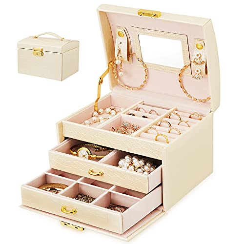 WEGULE Jewelry Box, 3 Layers Travel Jewelry Organizer Box with Lock & Mirror, Portable Jewelry Case Storage for Earrings Necklaces Bracelets Rings