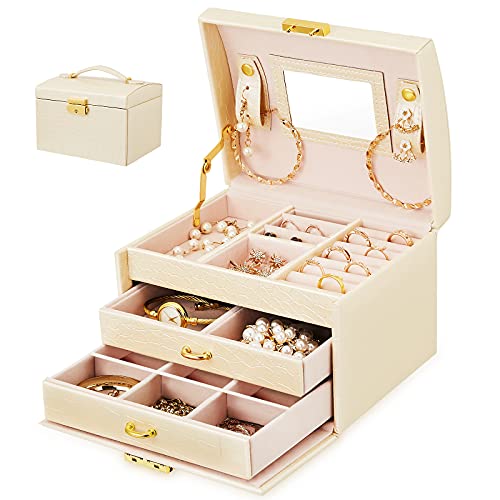 WEGULE Jewelry Box, 3 Layers Travel Jewelry Organizer with Lock & Mirror, Portable Jewelry Case...