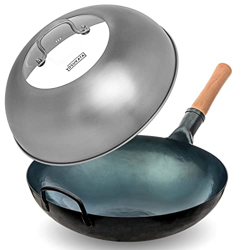 Image of YOSUKATA Blue Round Bottom Wok Pan – 14" Woks and Stir Fry Pans + Wok Lid 13.6 Inch - Premium Stainless Griddle Dome with Tempered Glass Insert Steam Holes