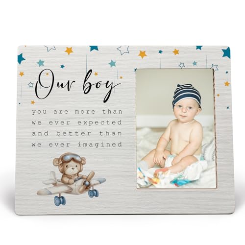 MAQIKA Baby Boy Picture Frame Newborn Gifts for Baby Boy Bear Airplane Nursery Picture Frames Son Gifts from Mom and Dad You Are More Than We Ever Expected Wood Photo Frame for 4x6 Photos