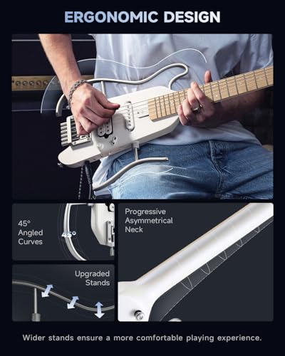Image of Donner HUSH-X Electric Guitar Kit - Featherlight Travel Guitar with Easy Assemble Stands, Great for Travel and Practice, Mahogany Solid Body, Gig Bag, All Accessories, Metallic White