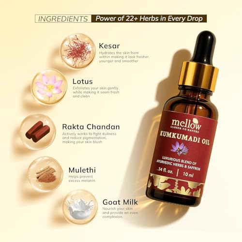 Image of Mellow Kumkumadi Oil for Face, Ayurvedic Kumkumadi Tailam Face Oil, Glow Serum with 22-Herb Blend with Saffron | Reduces Pigmentation & Fine Lines | Nourishment & Hydration | Chemical-Free Skincare