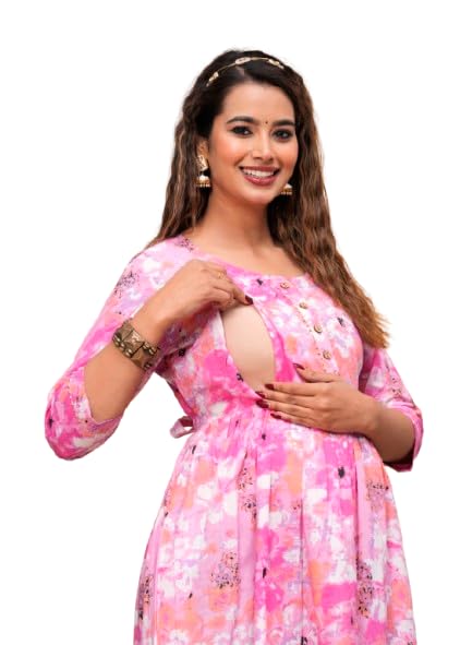 Image of JAIPURFAME Stylish Women's Pure Cotton All Over Printed Kurti Gown, Maternity Dress, and Feeding Dress - Comfortable and Elegant Maternity Wear for Women Baby Pink