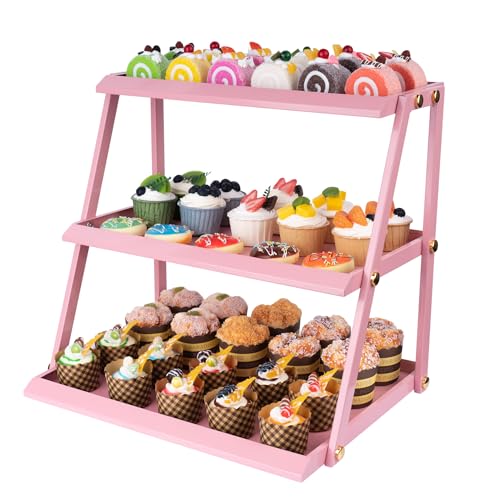 WWN Thickened metal 3 Tier Cupcake Stand with Pink Coating - Elegant Dessert Tower- Cookie Tray Rack- Tea Party Serving Platter- Easy Assembly Pink Cake Stand for Wedding Baby Shower