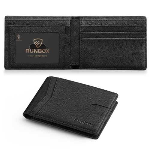 Image of RUNBOX Wallet for Men Slim Leather Bifold RFID Blocking Minimalist Front Pocket Design with Gift Box | Minimalist Front Pocket Design, Holds 8 Cards, RFID Protection, Gifts for Men on Birthdays, Father's Day, and Christmas