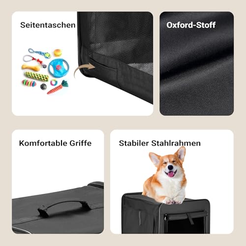 Wiltec Faltbare Transportbox für Hunde, Katzen M (58x46x53 cm), robust, leicht, sicher, Hundebox mit entnehmbarem Kissen, Schwarz