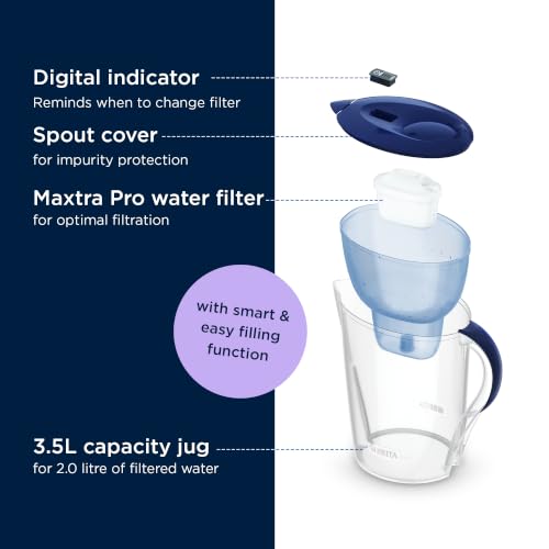 Image of BRITA Marella 3.5L Water Filter Jug Blue | Large-Volume Jug with MAXTRA PRO Cartridge | Digital LTI & Flip-Lid | Reduces Chlorine, Limescale & Impurities | Fresh, Great-Tasting Water
