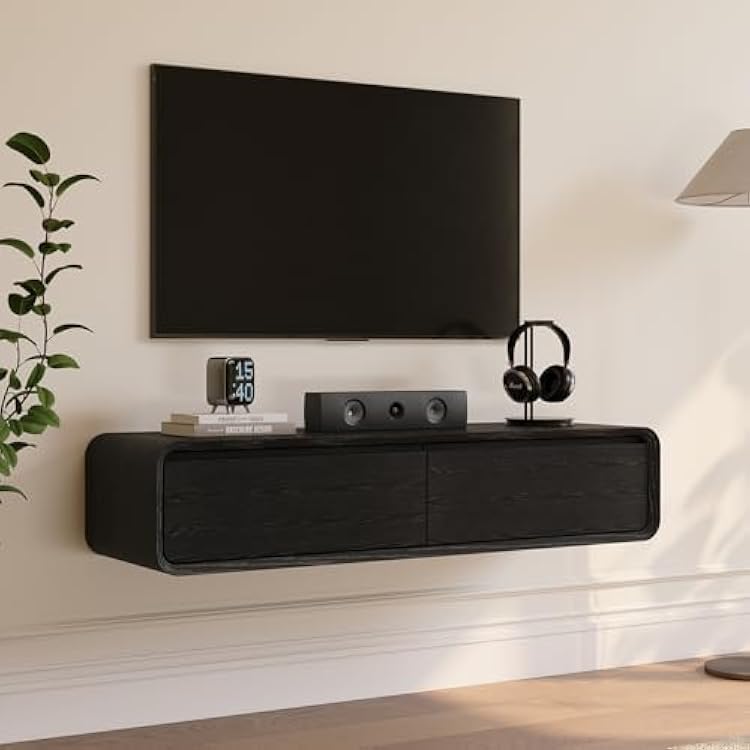 POVISON Fully-Assembled Minimalist Floating TV Stand, Modern Wall-Mounted Entertainment Center with 2 Flip-Down Cabinet Doors, Solid Wood Media Console, Black, 47.24