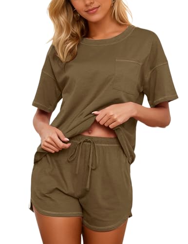 Image of KCW Pajamas for Women Set 2 Piece 100% Cotton Lounge Sets Short Sleeve Top and Shorts Pj Set Sleepwear Outfits